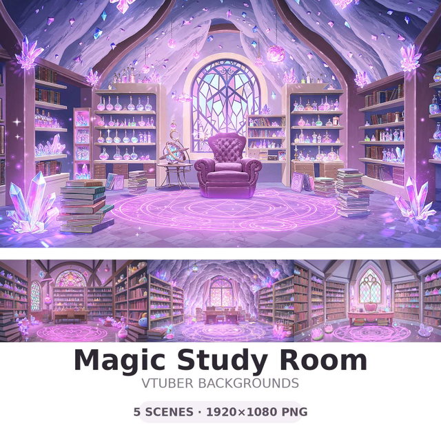 Magic Study Room VTuber Background Set | 5 Scenes | 1920x1080 PNG | Fantasy Stream