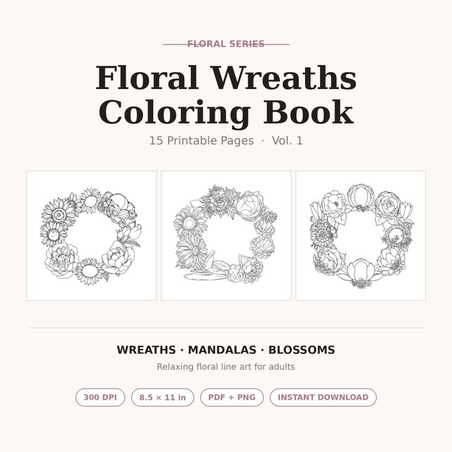 Floral Wreath Coloring Book | 15 Printable Pages | Flower Mandala & Wreath Line Art