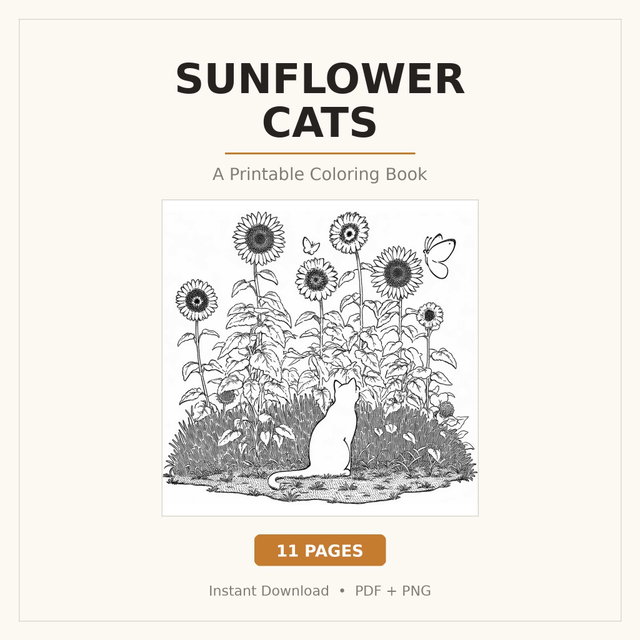 Sunflower Cats Coloring Book | 11 Printable Pages 