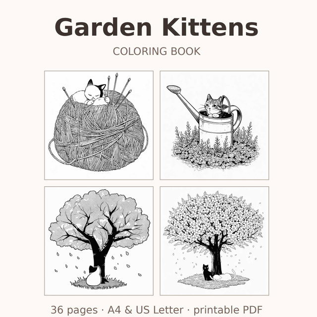 Garden Kittens Coloring Book | 36 Printable Pages | Cats, Yarn & Garden Line Art