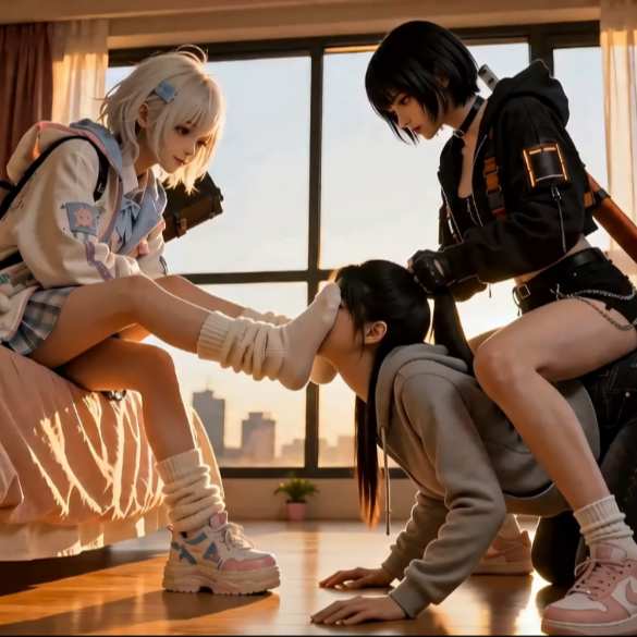 《电竞少女的白袜脚垫？还是白发萝莉的训练工具呢》女女调教，中英字幕（6分50秒）！！