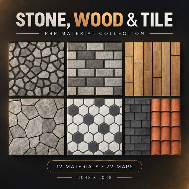 Stone, Wood & Tile — 12 PBR Materials