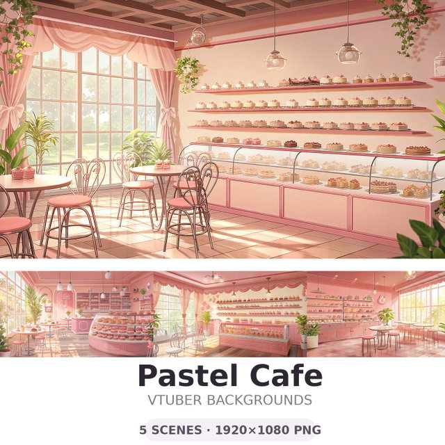 Pastel Cafe VTuber Background Set | 5 Scenes | 1920x1080 PNG | Cute Bakery Stream Backgrounds