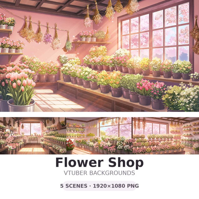 Flower Shop VTuber Background Set | 5 Scenes | 1920x1080 PNG | Cute Spring Stream