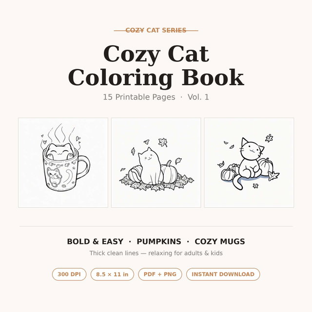 Cozy Cat Colouring Book for Adults | 15 Bold & Easy Printable Pages | Cats, Pumpkins & Cocoa Mugs