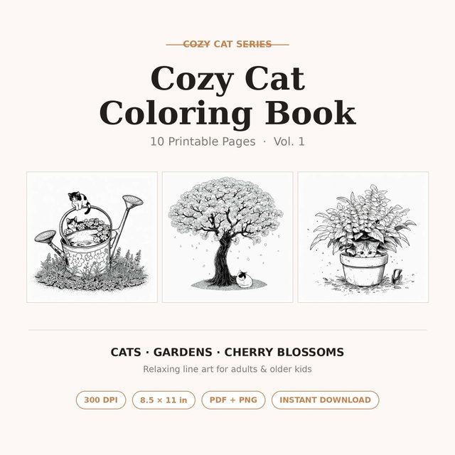 Cozy Cat Colouring Book for Adults | 10 Printable Pages | Kawaii Cat Line Art 