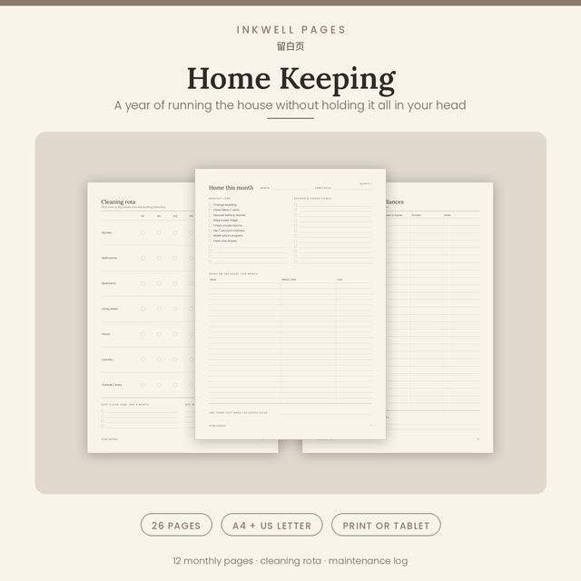 Home Keeping · Printable Workbook + Tablet PDF · A4 & US Letter · 26 pages