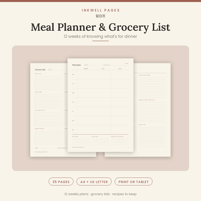 Meal Planner & Grocery List · Printable Workbook + Tablet PDF · A4 & US Letter · 35 pages