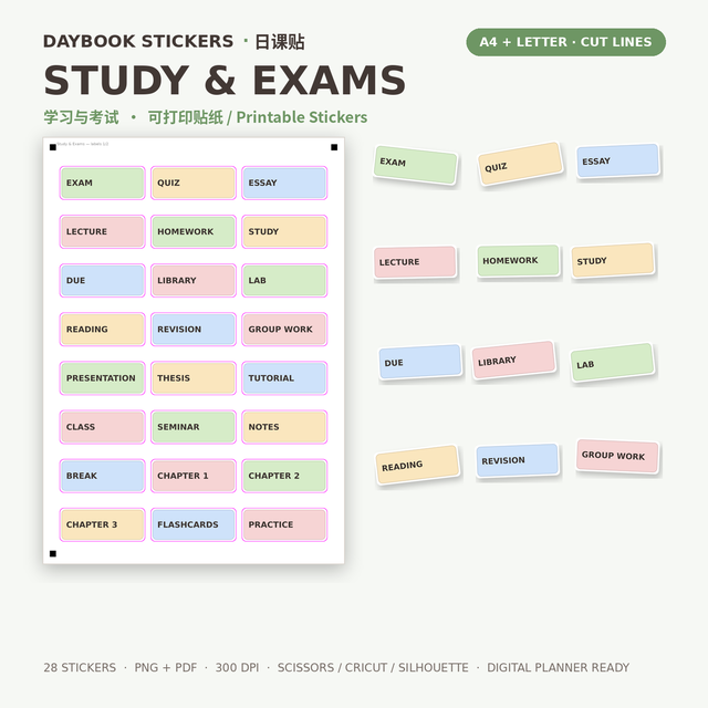 Study & Exams — 28 Planner Stickers | PNG + A4/Letter PDF