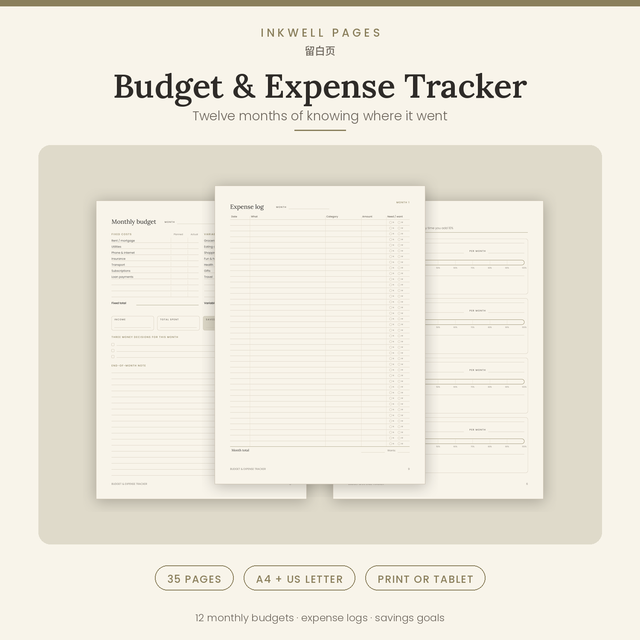 Budget & Expense Tracker · Printable Workbook + Tablet PDF · A4 & US Letter · 35 pages