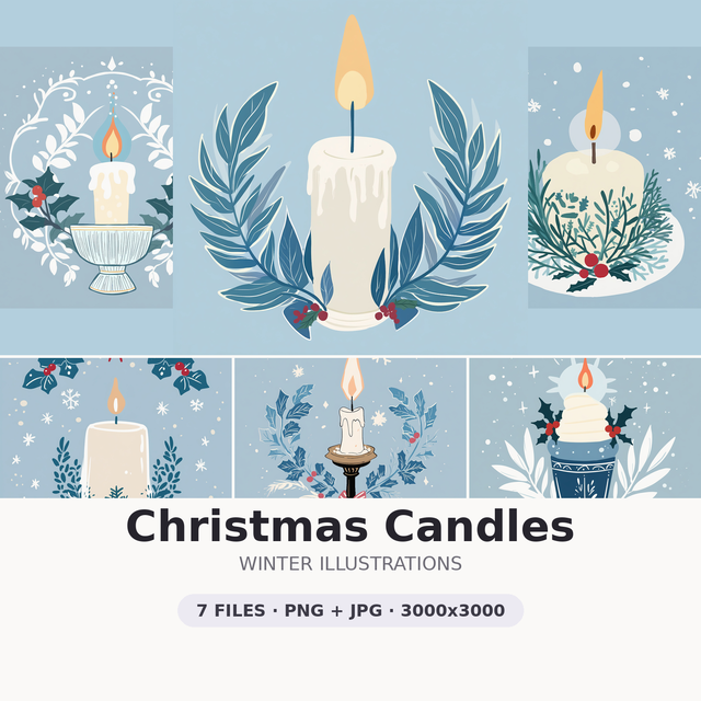 Christmas Candles — 7 Winter Illustrations | 3000x3000 PNG + JPG