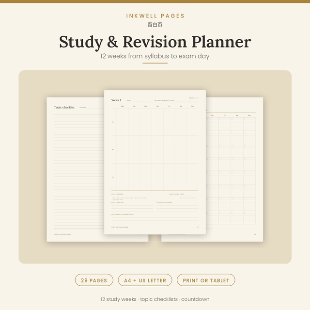 Study & Revision Planner · Printable Workbook + Tablet PDF · A4 & US Letter · 29 pages