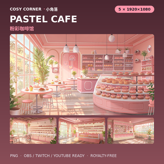 Pastel Cafe — 5 VTuber Stream Backgrounds | 1920×1080 PNG