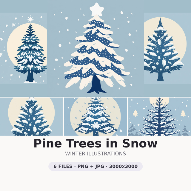 Pine Trees in Snow — 6 Winter Illustrations | 3000x3000 PNG + JPG