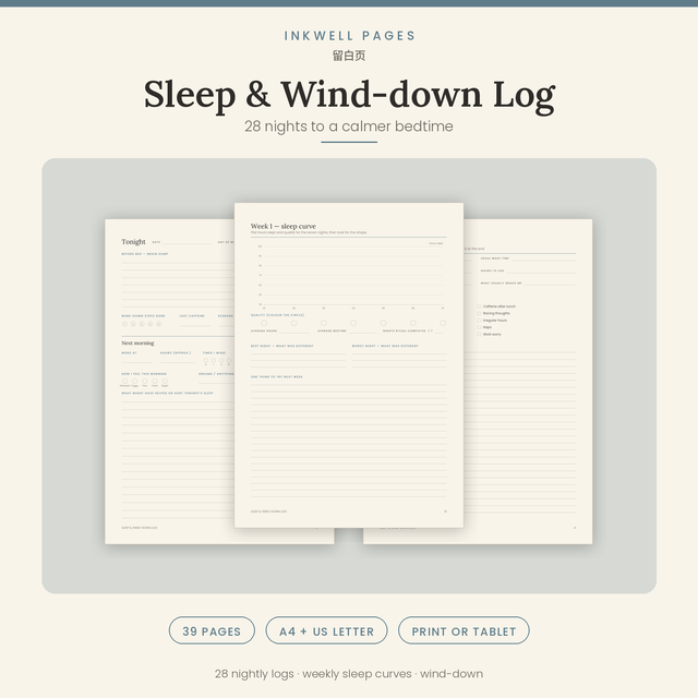 Sleep & Wind-down Log · Printable Workbook + Tablet PDF · A4 & US Letter · 39 pages
