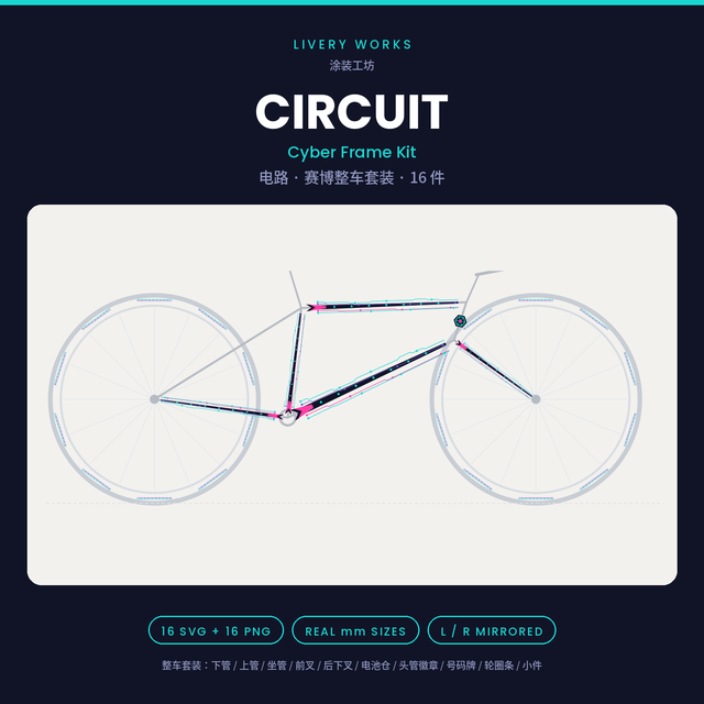 Frame Decal Kit · Circuit | 16 Parts | True-mm SVG + 300dpi PNG