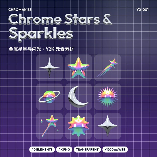 Chrome Stars & Sparkles — 40 Y2K Chrome PNG Elements, 4K Transparent