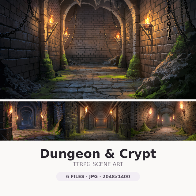 Dungeon & Crypt — 6 Fantasy TTRPG Scenes | 2048x1400 JPG