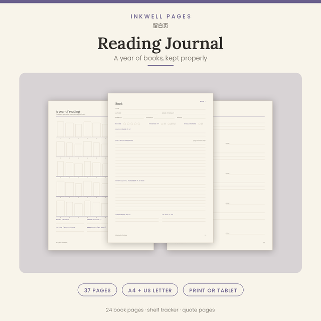 Reading Journal · Printable Workbook + Tablet PDF · A4 & US Letter · 37 pages