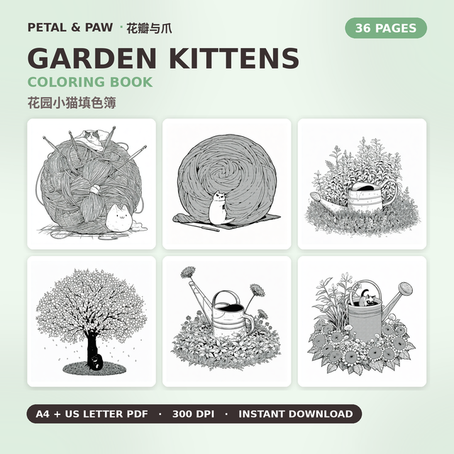 Garden Kittens Coloring Book — 36 Printable Pages | A4 + US Letter PDF