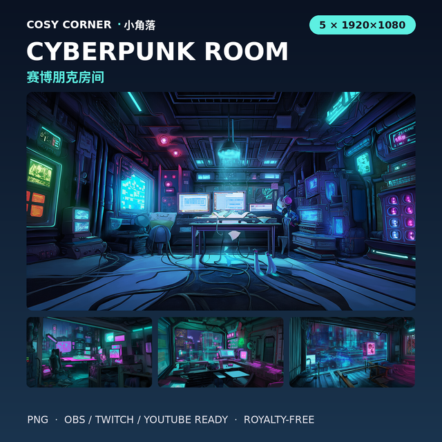 Cyberpunk Room — 5 VTuber Stream Backgrounds | 1920×1080 PNG