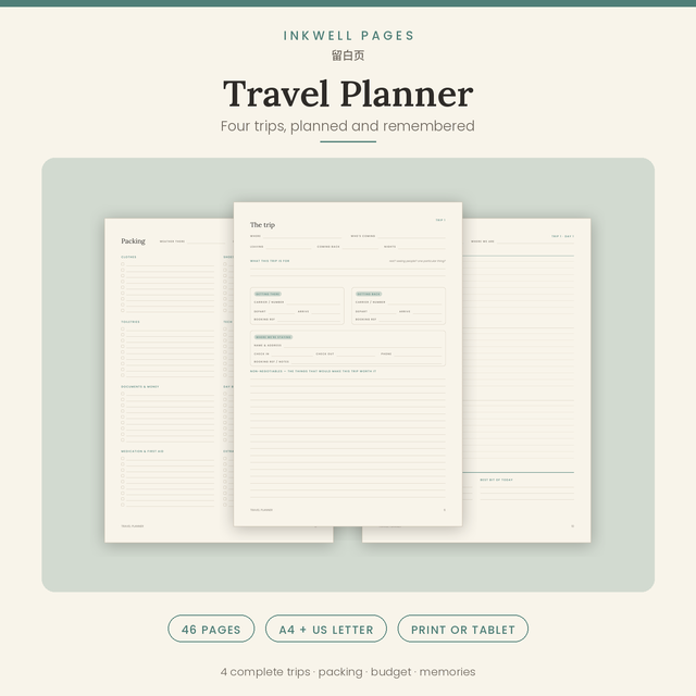Travel Planner · Printable Workbook + Tablet PDF · A4 & US Letter · 46 pages