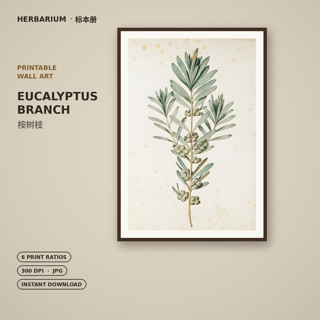 Eucalyptus Branch — Printable Vintage Botanical Wall Art | 6 Print Ratios, 300 DPI