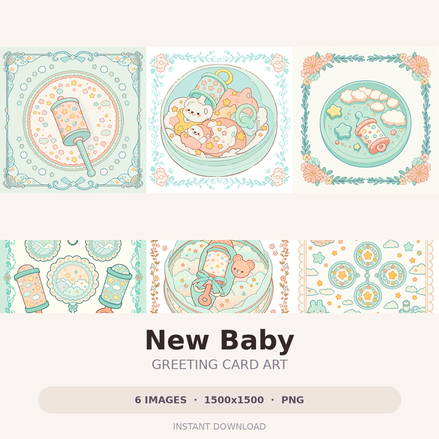 New Baby — 6 Card Illustrations | PNG