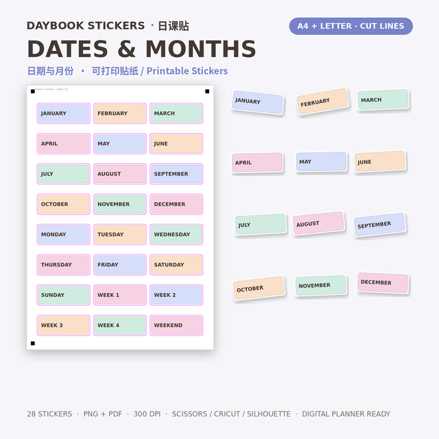 Dates & Months — 28 Planner Stickers | PNG + A4/Letter PDF
